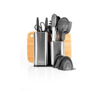 Innoteck Essentials 3in1 Stainless Steel Knife Block & Utensil Holder with 12-Piece Heat-Resistant Silicone Cooking Utensil Set and Oven Gloves - Space-Saving Kitchen Knife Organizer & Storage