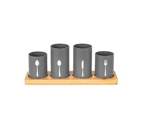 Innoteck Essentials 4Pcs Kitchen Cutlery Holder Set With Bamboo Stand - Grey