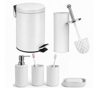 Innoteck Essentials 6Pc Bathroom Set White - 3L Bin, Toilet Brush, Soap Dispenser, Soap Dish, Toothbrush Holder, Tumbler.