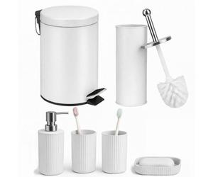 Innoteck Essentials 6Pc Bathroom Set White - 3L Bin, Toilet Brush, Soap Dispenser, Soap Dish, Toothbrush Holder, Tumbler.