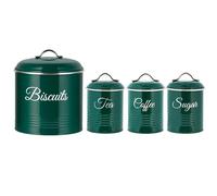 Innoteck Essentials Airtight 5.3L Biscuit Tin with Lid & Tea Coffee Sugar Canisters Set of 3 - Metal Cookie Jar and Food Storage Containers for Freshness and Organisation, Green