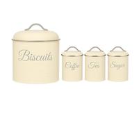 Innoteck Essentials Airtight 5.3L Biscuit Tin with Lid & Tea Coffee Sugar Canisters Set of 3 - Metal Cookie Jar and Food Storage Containers for Freshness and Organisation, Cream