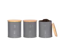 Innoteck Essentials Canister Set Tea, Coffee & Sugar - Round Charcoal Grey - Airtight Metal Canisters - Rust-Resistant and Easy to Open with Airtight Wooden Lids with Silicone Ring - Set of 3 Pcs