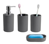 Novel Solutions Premium 4-Piece Bathroom Accessories Set - Matt Grey Rubber-Coated Soap Dispenser, Soap Dish, 2 Tumbler Cups & Toothbrush Holder - Modern Vanity Organiser Kit (Grey Finish)