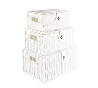 Innoteck Essentials Wicker Woven Storage Baskets Hamper Box with Lid Set of 3 - Decorative Kitchen Bathroom Hamper - Portable Basket with Handle - Ideal for Home/Office & Gifts Hamper (White)