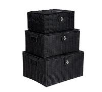 Innoteck Essentials Wicker Woven Storage Baskets Hamper Box with Lid Set of 3 - Decorative Kitchen Bathroom Hamper - Portable Basket with Handle - Ideal for Home/Office & Gifts Hamper (Black)