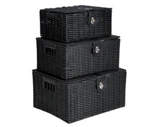 Innoteck Essentials Wicker Woven Storage Baskets With Lid (Set Of 3) - Black.