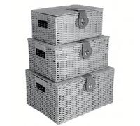 Innoteck Wicker Storage Basket Set with Lids - Handwoven Decorative Storage Boxes with Handles, Large, Medium & Small - Ideal for Home, Bathroom, Kitchen & Office Organisation (Grey)