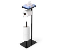 Innoteck Freestanding Toilet Roll Holder with Storage and Top Shelf, Black Metal Toilet Paper Holder Stand, Loo Roll Storage for Bathroom, Toilet Tissue Holder and Bathroom Accessories Organiser