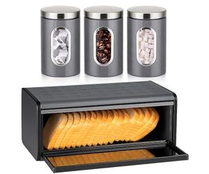 Innoteck Grey Breadbin and Window Canister Set - Stylish Metal Storage Solutions with Spacious Storage and Freshness Preservation - Set of 4 Includes Breadbin and 3 Canisters