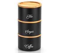 Innoteck Stackable Tea Coffee Sugar Canister Set, 3-Piece Black Kitchen Storage Containers with Airtight Bamboo Lids, Food Storage Jars for Countertop Organisation