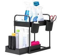 Innoteck Under Sink Organiser 2-Tier Storage Rack with 4 Hooks & 2 Cups, Slide-Out Basket Design for Kitchen or Bathroom, Matte Black Under-Sink Shelf - H40 × L39 × D30cm