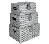 Innoteck Wicker Storage Basket Set with Lids - Handwoven Decorative Storage Boxes with Handles, Large, Medium & Small - Ideal for Home, Bathroom, Kitchen & Office Organisation (Grey)