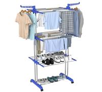 Innotic Clothes Drying Rack，Folding Clothes Rail 4 Tier Clothes Horses Rack Stainless Steel Laundry Garment Dryer Stand with Two Side Wings, clothes airer indoor or outdoor，Blue + Grey