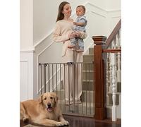 InnoTruth 28.9-42.1" Wide Baby Gate for Stairs, 30" Tall Dog Gates for Doorways Expandable One-Hand Open, Easy Walk Through Dual Lock Metal Pet Gates for Dogs, Brown-Family & Mom's Choice Award Winner