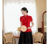 Innovative Mandarin Collar Shirt Featuring Classic Hanfu Elements Tailored For Modern Wearers (L Red)