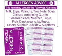 Innoveem Allergen Stickers 100 Food Allergy Labels All 14 Listed 55x27.5mm | Every label lists all 14 UK allergens, no ticking. Ideal for home baking, cakes, catering & sandwich packs. Waterproof