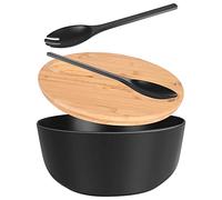 INNOVEST Salad Bowl Premium Bamboo with Chopping Board Lid and Cutlery, Salad Servers, Fruit Bowl, Salad Bowl Set, Snack Bowl, Large Mixing Bowl, Black, 24.9 cm