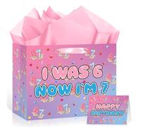 Innovoscape 6 7 Birthday Decorations Gift Bag 67 Favor Bag with Tissue Paper Card I was 6 Now I'm 7 Year Old Decorations (colorful)