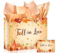 Innovoscape Autumn Maple Leaf Bridal Shower Wedding Gift Bag Fall in Love Gift Bags with Handle Card