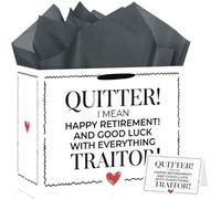 Innovoscape Funny Retirement Gift Bag for Quitter Men Women Funny Black and White Gift Bag with Tissue Paper Greeting Card for Happy Retirement Party Decoration