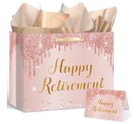 Innovoscape Happy Retirement Gift Bag for Women Large Pink Rose Gold Retirement Gift Bag with Wrapping Paper and Card for Women Going Away Farewell Retired Decorations Party Supplies