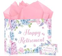 Innovoscape Happy Retirement Gift Bags for Women Pink Hydrangea Wrapping Paper Bag with Tissue Paper Greeting Card