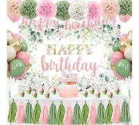 Innovoscape Pink and Sage Green Birthday Party Decorations Set, Banner, Balloons, Crown, Butterfly, Swirls, Tablecloth, Curtain, Pompoms