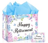 Innovoscape Retirement Gift Bags for Women Happy Retirement Gifts Floral Wrapping Paper Bag with Handles Greeting Card for Men Office Coworkers Farewell Party Favors Bag Retired Party Decorations