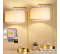 Innqoo Bedside Table Lamps for Bedroom Set of 2-Dimmable Nightstand Lamps with USB Port and Outlet,Modern Gold Lamps with Linen Shade,Tall Desk Lamps for Home Office Bedroom Living Room End Table