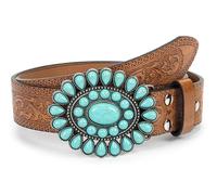 INOGIH Adjustable-Vintage-Western-Cowboy-Belt Women Men - Cowboy-Style Engraved-Buckle Belt for Jeans Pants Dresses, Turquoise-brown, One Size