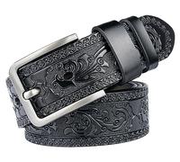 INOGIH Mens Western Floral Engraved Embossed Tooled Genuine Leather Belt - Square Buckle Casual Belt For Daily Decoration, Black, Suit for Waist 34''-38''
