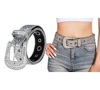 INOGIH Rhinestone-Belt for Women Girls,Western Cowgirl Cowboys Bling Studded Leather Diamond Belt for Jeans Dress, Glitter-silver, suit for waist 33"-41"