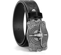 INOGIH Western-Cowboy-Belts for Women Men Vintage Floral-Engraved Bull Head Buckle Cowgirl-Waist-Belt for 25 to 38" Waist, Black-long Bull Head, For Waist 27-32 in
