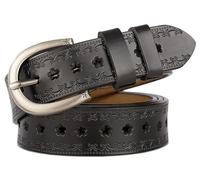 INOGIH Women Vintage Floral Engraved Embossed Genuine Western Leather Belt for Jeans Dresse, Black-hollow Flowers, For Waist 28''-38''