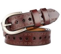 INOGIH Women Vintage Floral Engraved Embossed Genuine Western Leather Belt for Jeans Dresse, Coffee-hollow Flowers, For Waist 28''-38''