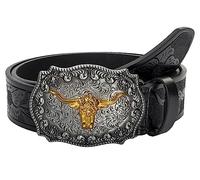 INOGIH Women's & Men's Western Turquoise Belt - Vintage Coffee Embossed PU Leather Belt for Jeans Pants, Bull-black, For Waist 36-40 in