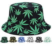 INOGIH Women's Reversible Bucket- Marijuana-Cannabis Weed Foldble Fisherman Packable Hat, Black&green Leaf, One Size
