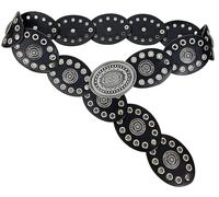 INOGIH Womens Wide Western Cowboy Disc Belt Vintage Cowgirl Concho Leather Belts Boho Style for Jeans Dress Skirt, Black, For Waist 28-38 in