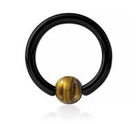 Inoki - Black steel ring with gold Tiger Eye stone ball - Wire thickness 1.6 mm, Diameter 16 mm, Ball 6 mm
