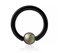 Inoki - Black steel ring with green wood marble stone ball - Wire thickness 3.2 mm, Diameter 14 mm, Ball 6 mm