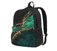 InOmak Black Teal Marble Green Malachite With Golden Veins Gold Spots, Backpack With Pockets Casual Daypack Water Resistant School Bag for Travelling, Hiking, or Camping
