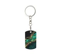 InOmak Black Teal Marble Green Malachite With Golden Veins Gold Spots, Rectangular Metal Keychain, Metal Keychains Keyring Key Chain Ring Holder Organizer 1 pc