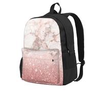 InOmak Faux Pink Rose Gold Glitter White Marble Ombre, Backpack With Pockets Casual Daypack Water Resistant School Bag for Travelling, Hiking, or Camping
