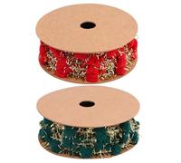 INOOMP 2 Rolls Red Christmas Pom Pom Ribbon with Wired Iron Edge, Polyester Material Decorative Ribbon for Wrapping Presents and Decorating Balloons, for Christmas Tree and Party Planners
