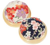INOOMP 2pcs Assorted Colour Pin Cushions with Wooden Base for Sewing and Needlework, Comfortable and Wear-Resistant Small Needle Holder with Delicate Printing Design for Household Sewing