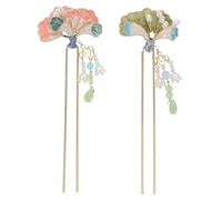 INOOMP 2pcs Handmade Enamel Flower Tassel Hair Sticks U-shaped Chinese Hairpins for Women Vintage Floral Chignon Hair Accessories with Pink Green Detailing Elegant Hanfu Styling Supplies