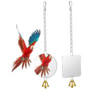INOOMP 2Pcs Interactive Bird Mirror with Bell for Cage Hanging Parrot with Stainless Steel Hook Shatter Design for Parakeet Cockatiel Budgie Finch Canary Random Color