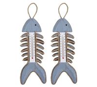 INOOMP 2pcs Vintage Nautical Fish Bone Wall Thermometer Hanging Ornaments, Wooden Carved Coastal Wall Decor for Hallway, Beach Theme Study and Bedroom Decoration