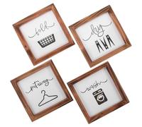 INOOMP 4pcs Rustic Wood Laundry Signs Farmhouse Style Wooden Wall Decor Multi-pattern Vintage Quote Cutouts Space-saving Hanging Plaques for Laundry